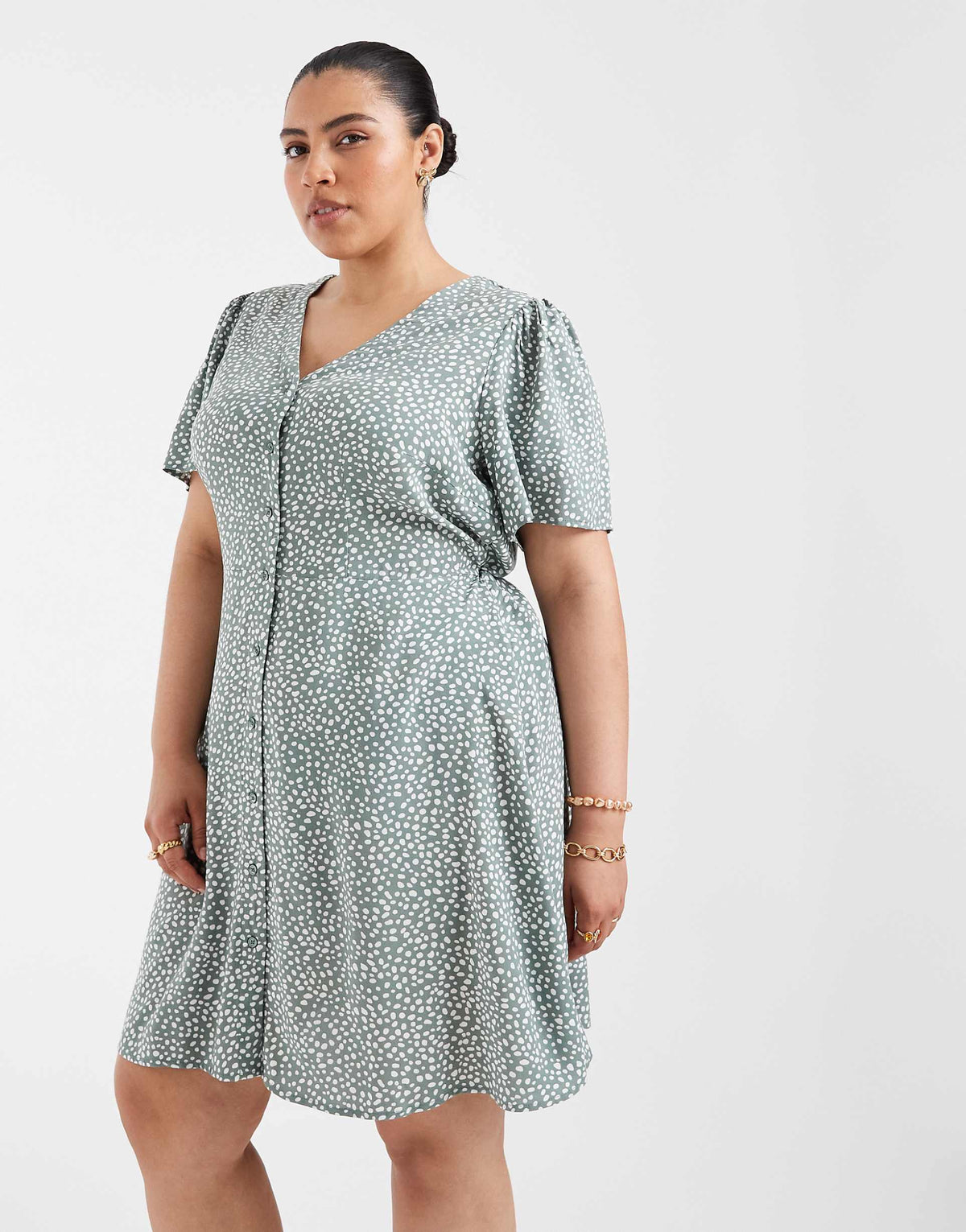 Vero Moda Curve button up mini skater dress in sage green spot