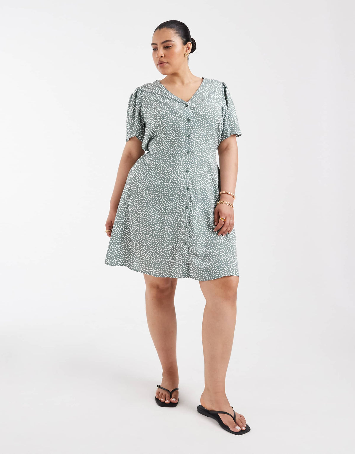 Vero Moda Curve button up mini skater dress in sage green spot