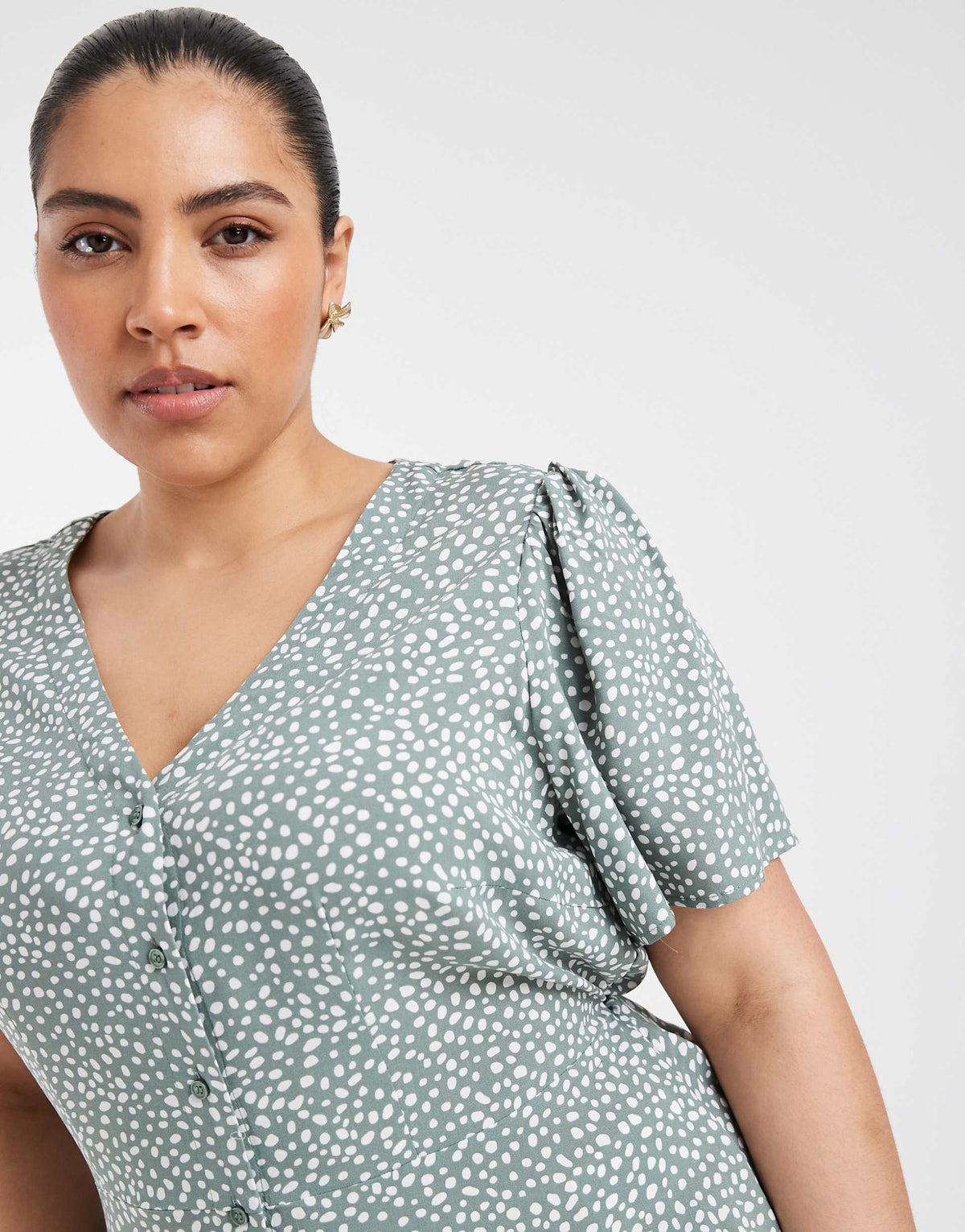 Vero Moda Curve button up mini skater dress in sage green spot