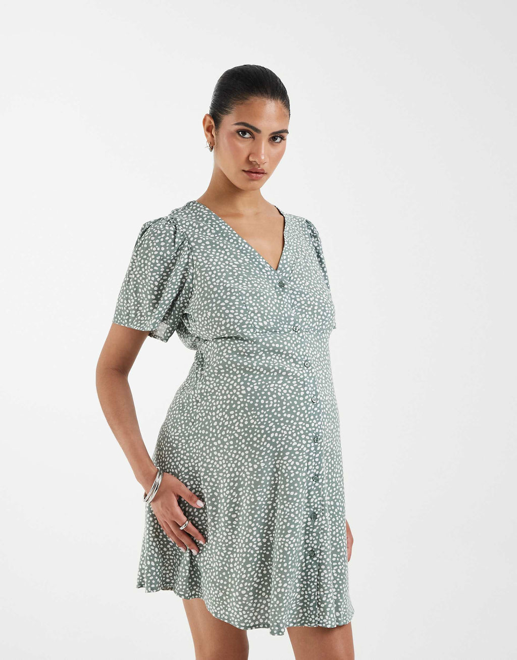Vero Moda Maternity button front mini tea dress in green polka dot print