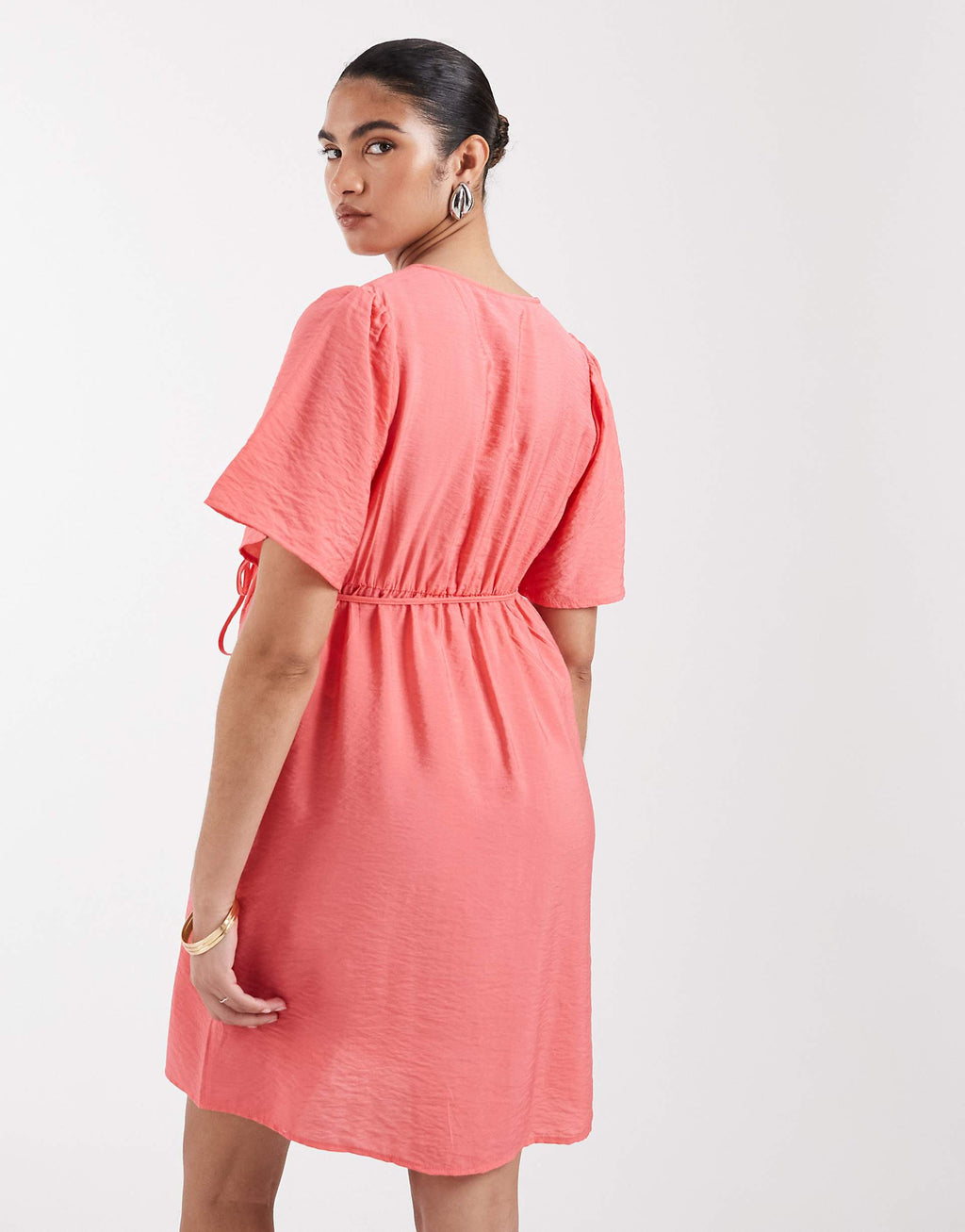 Vero Moda Maternity flutter sleeve wrap front mini dress in coral pink