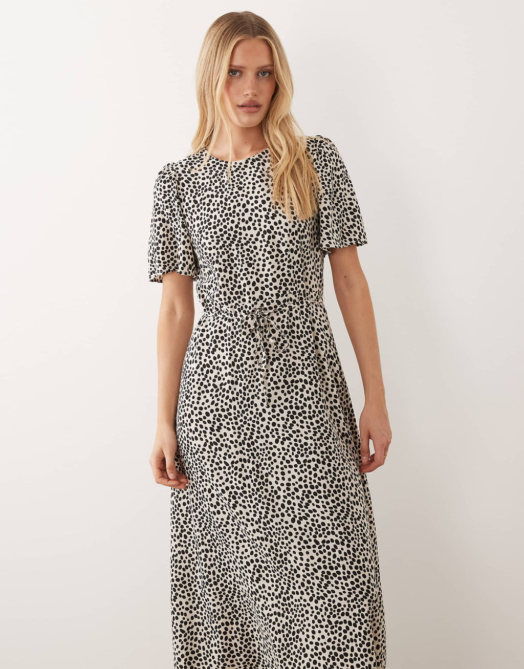 VILA tie waist polka dot midi dress in cream and black