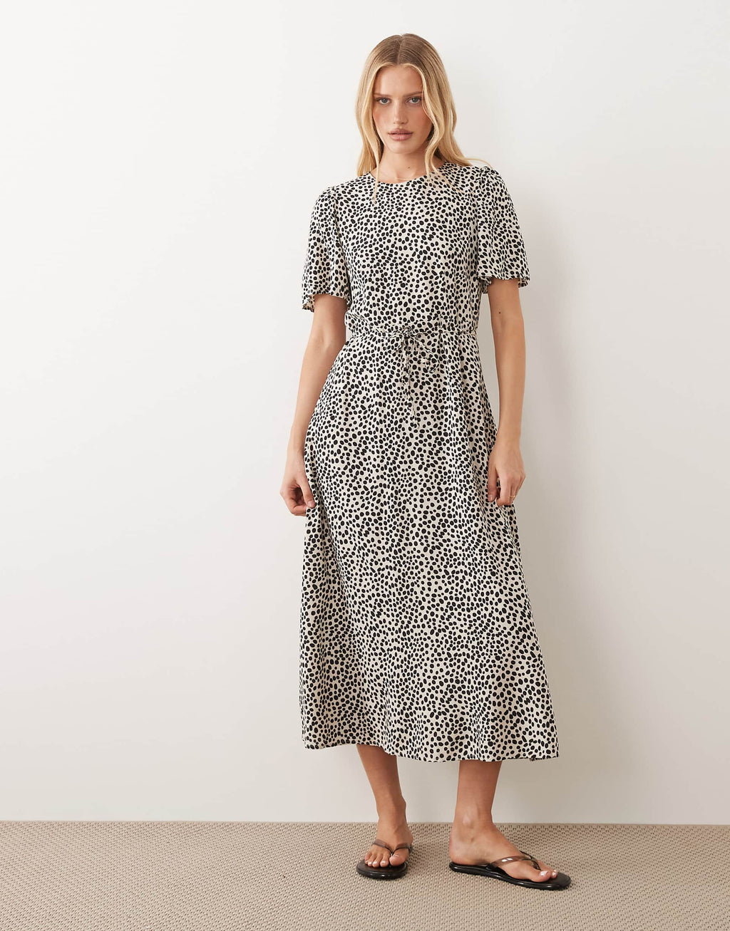VILA tie waist polka dot midi dress in cream and black