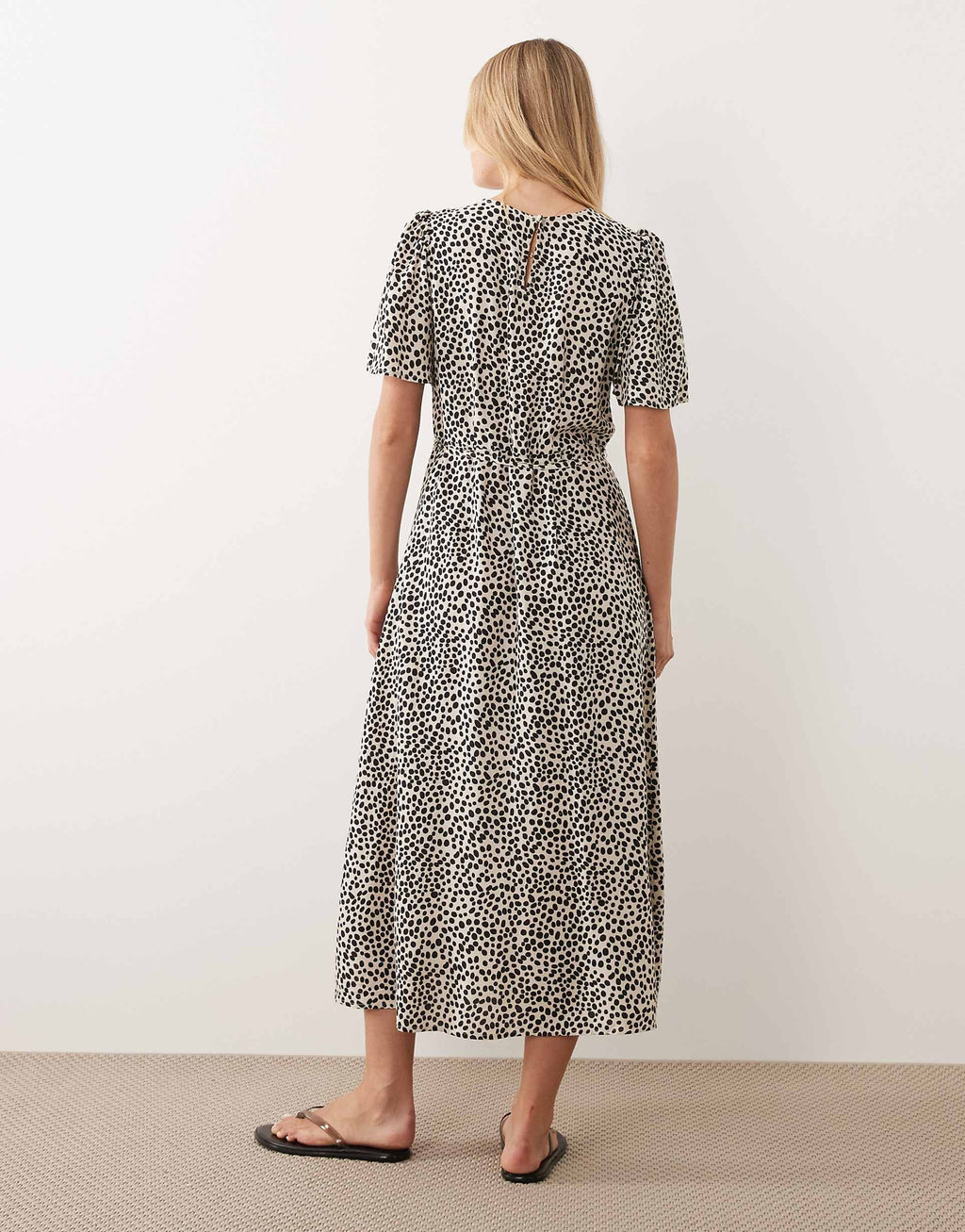 VILA tie waist polka dot midi dress in cream and black