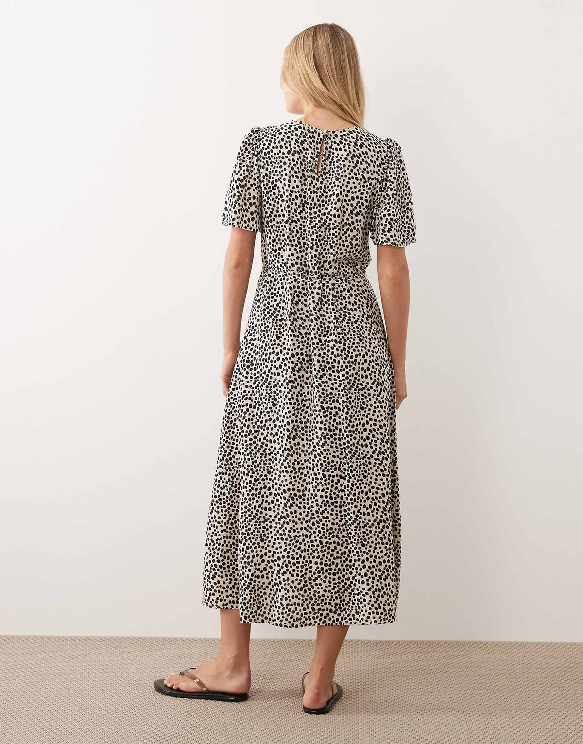 VILA tie waist polka dot midi dress in cream and black