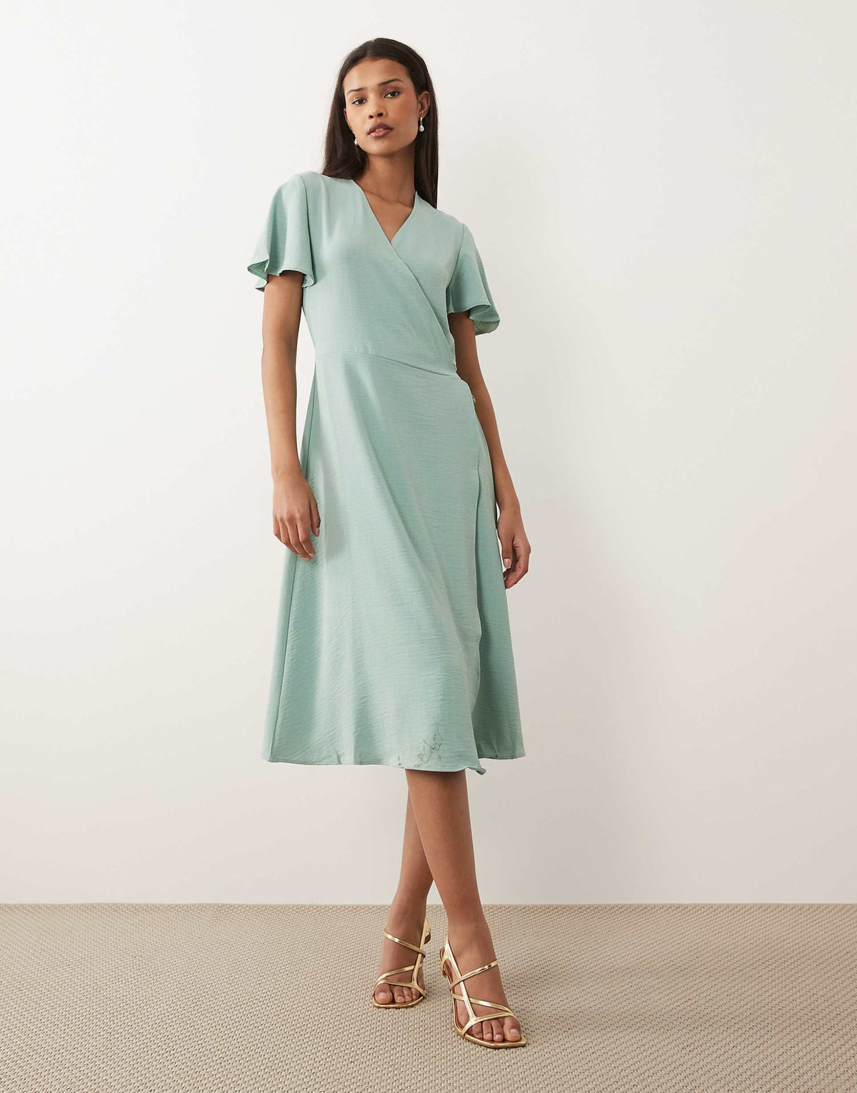 VILA short sleeve wrap front midi dress in sage green