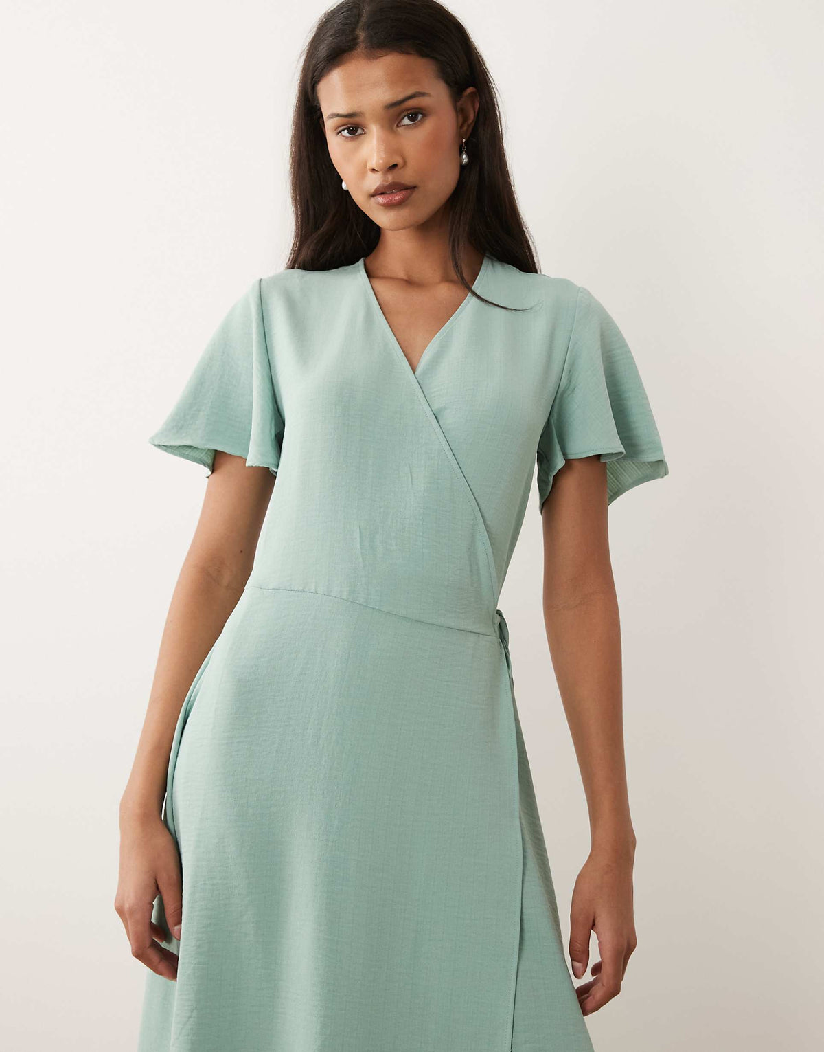 VILA short sleeve wrap front midi dress in sage green