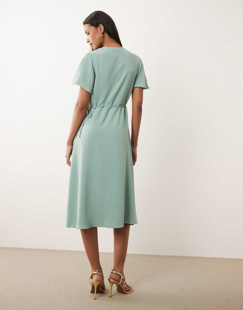 VILA short sleeve wrap front midi dress in sage green
