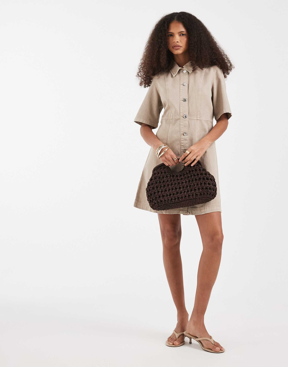 Vero Moda button front fit and flare denim mini dress in beige wash