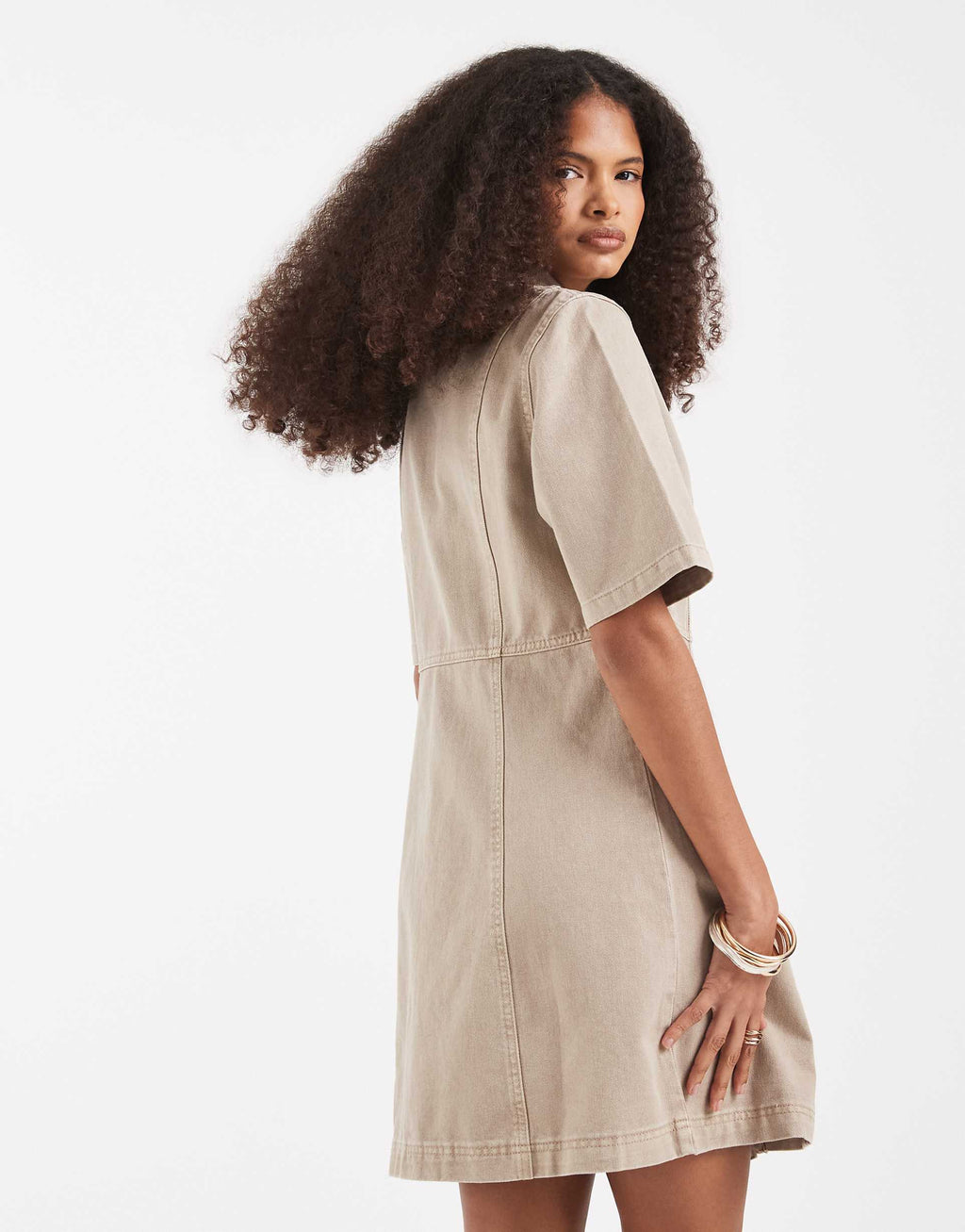 Vero Moda button front fit and flare denim mini dress in beige wash