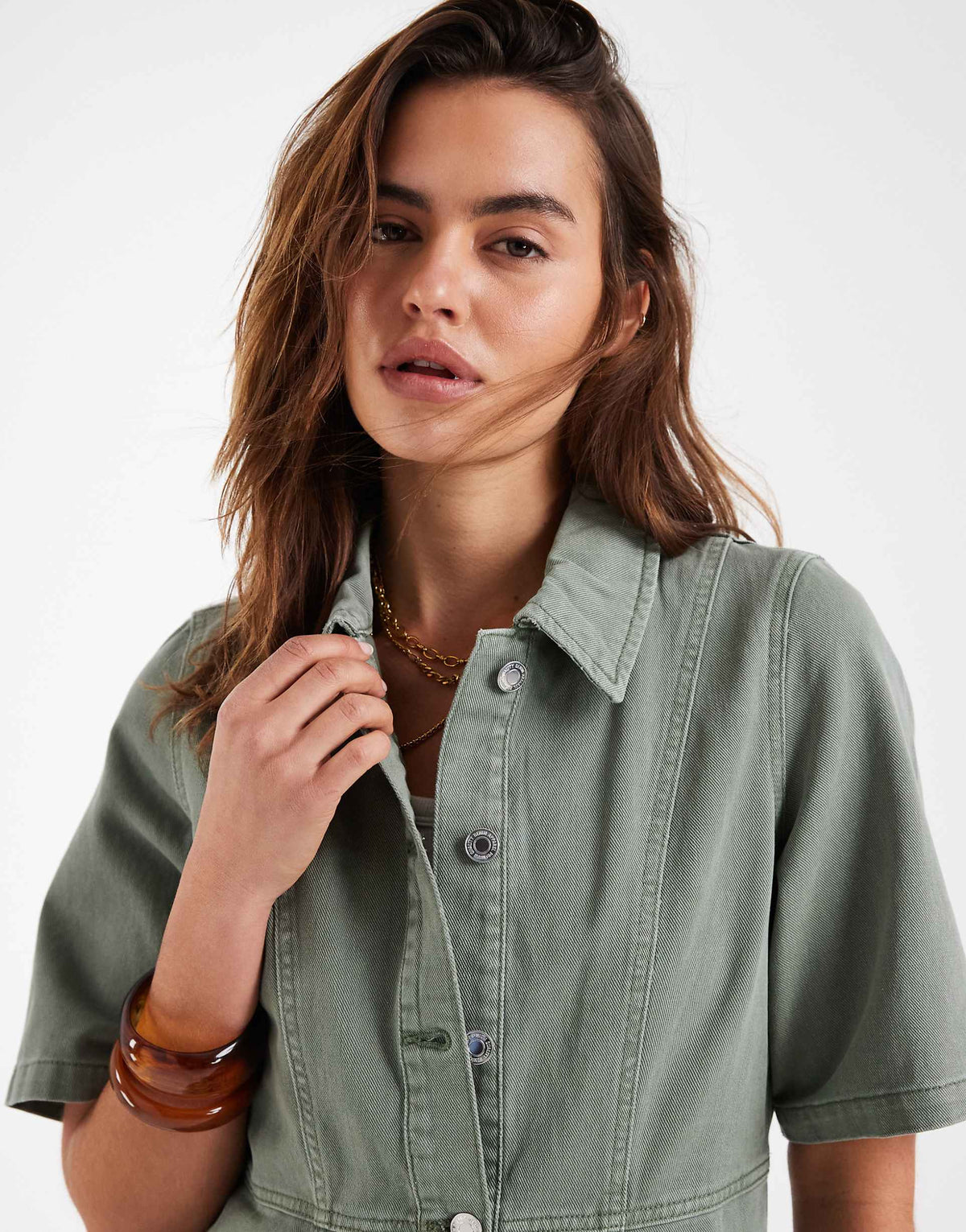 Vero Moda button front fit and flare denim mini dress in laurel green wash