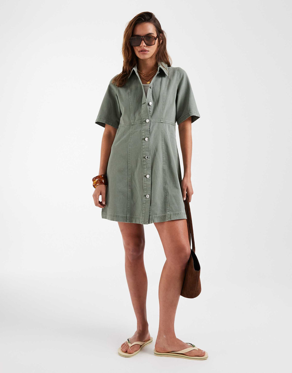 Vero Moda button front fit and flare denim mini dress in laurel green wash