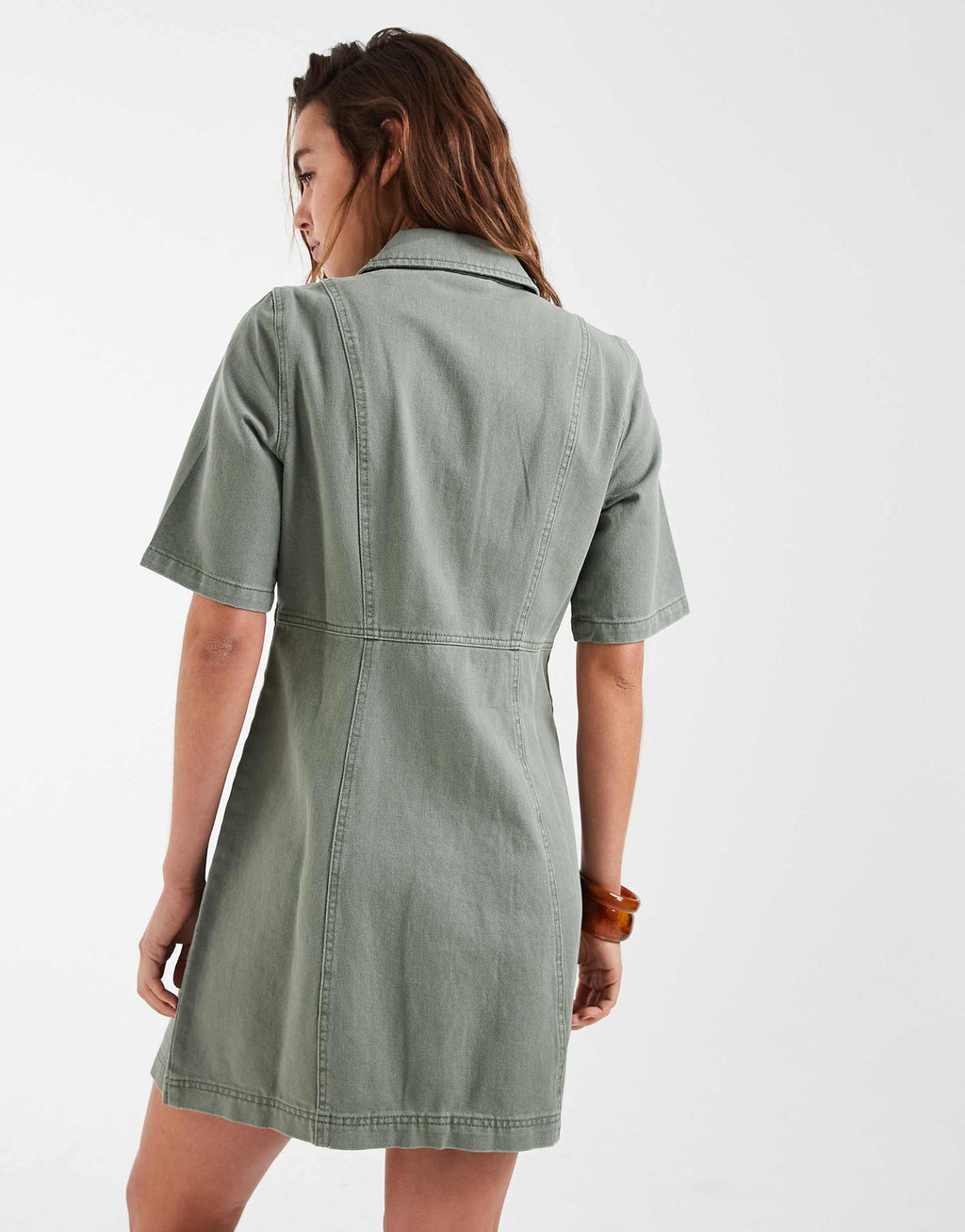 Vero Moda button front fit and flare denim mini dress in laurel green wash