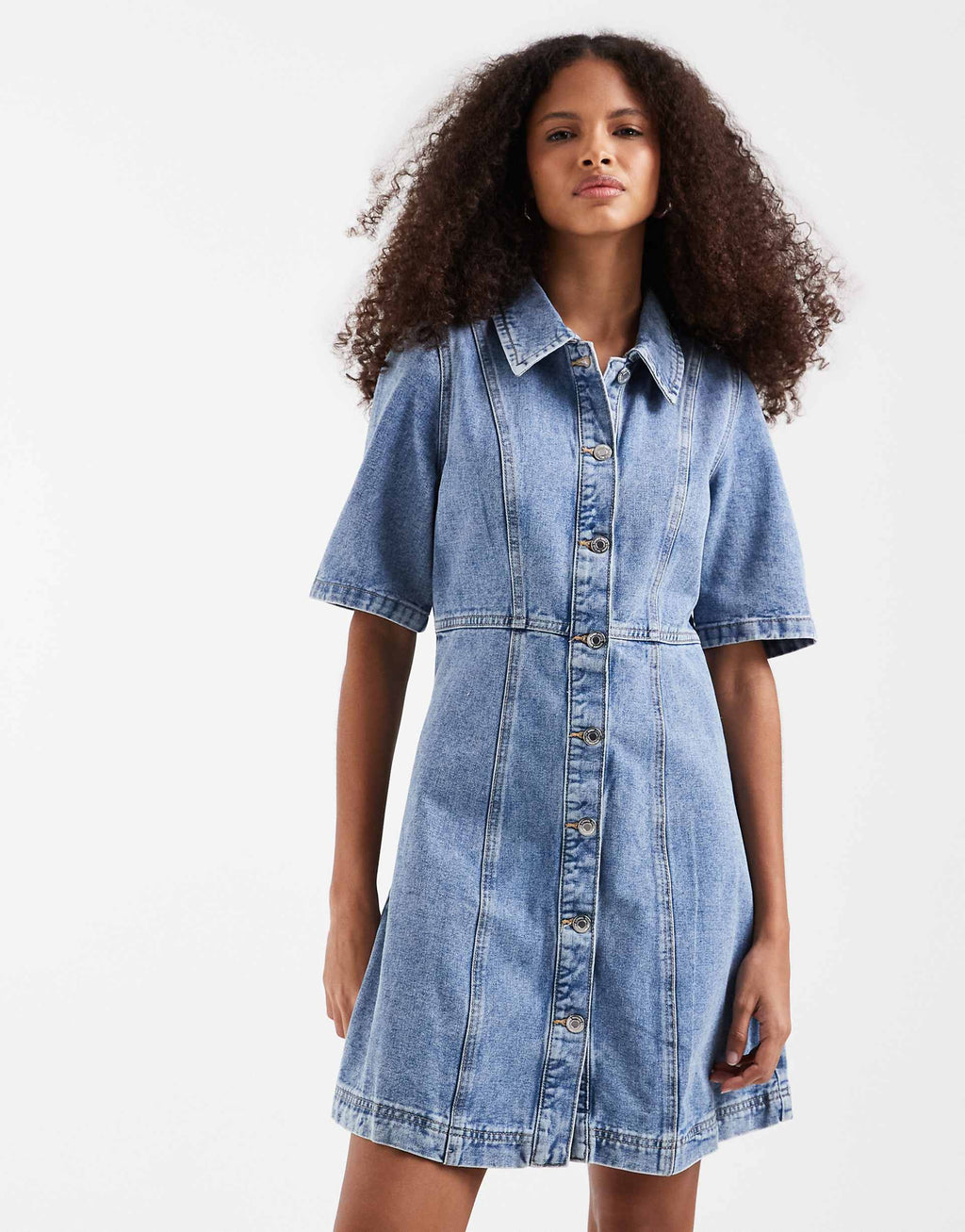 Vero Moda button front fit and flare denim mini dress in light blue wash
