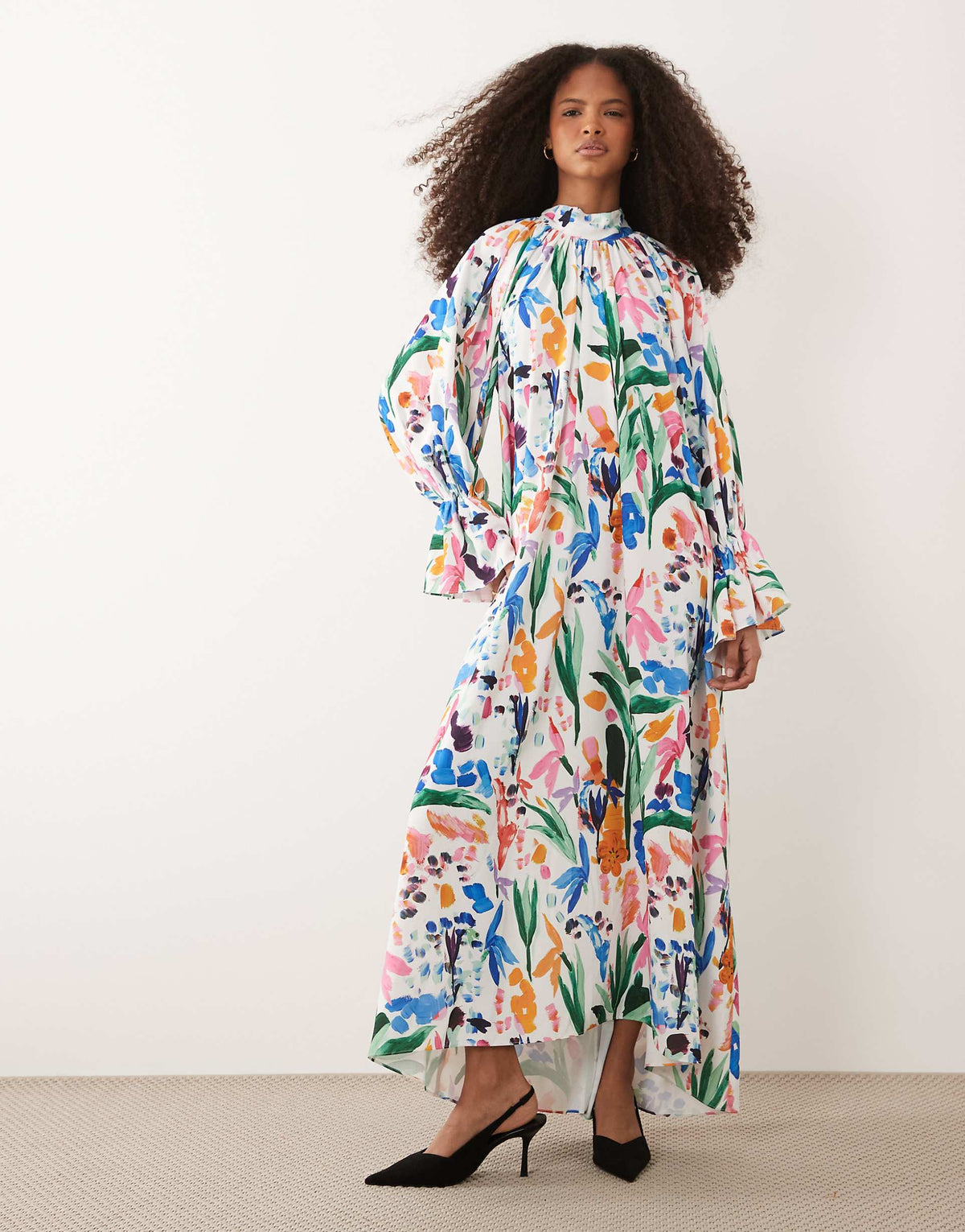 IYAL high neck cuff sleeve detail floaty maxi dress in bright watercolour floral print