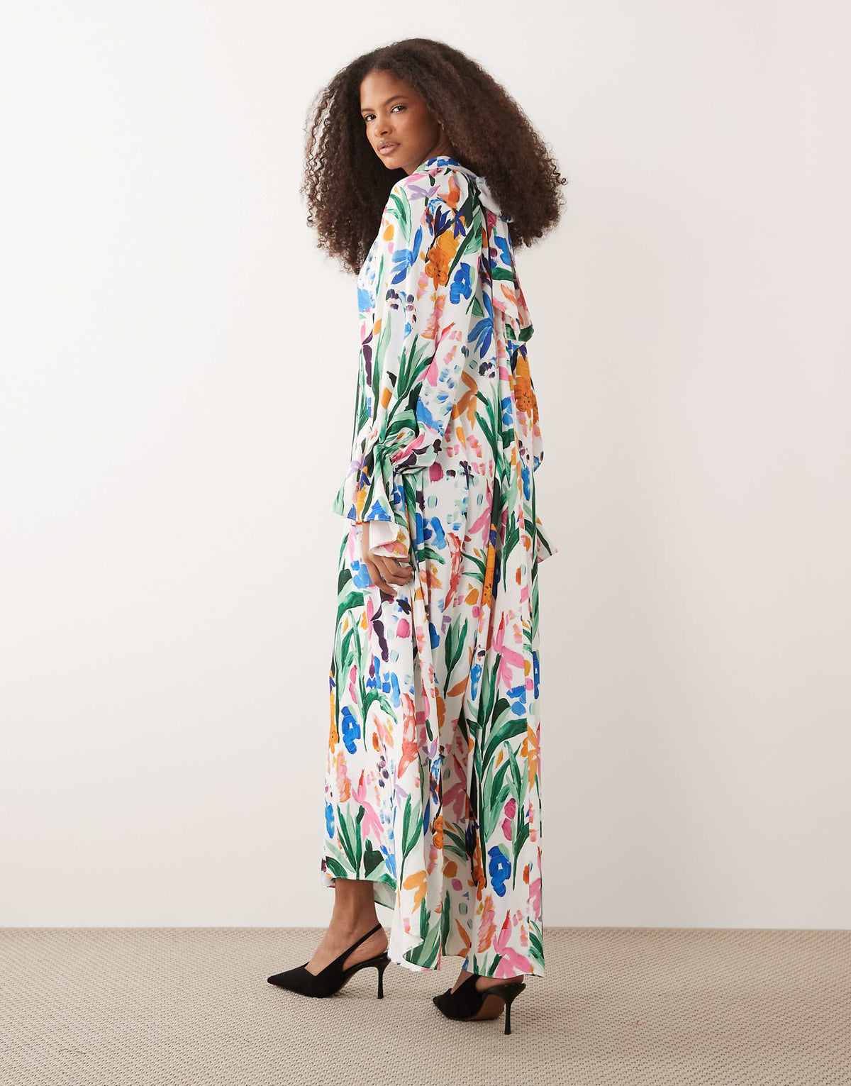 IYAL high neck cuff sleeve detail floaty maxi dress in bright watercolour floral print