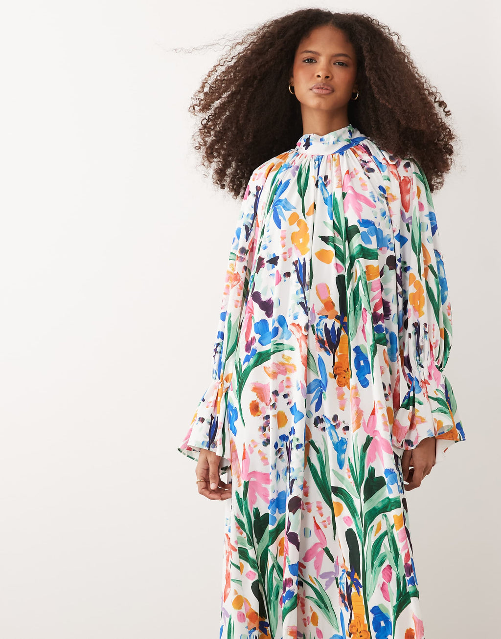 IYAL high neck cuff sleeve detail floaty maxi dress in bright watercolour floral print