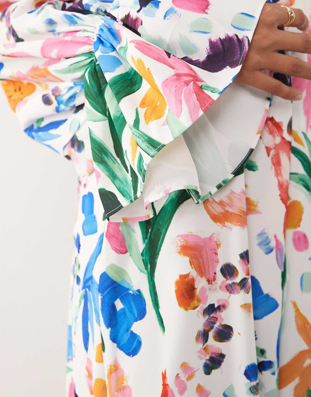 IYAL high neck cuff sleeve detail floaty maxi dress in bright watercolour floral print