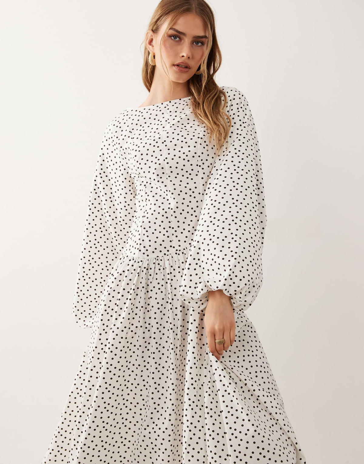 ASOS DESIGN poplin maxi dress with asymmetric waist and volume sleeves in chocolate polka dots