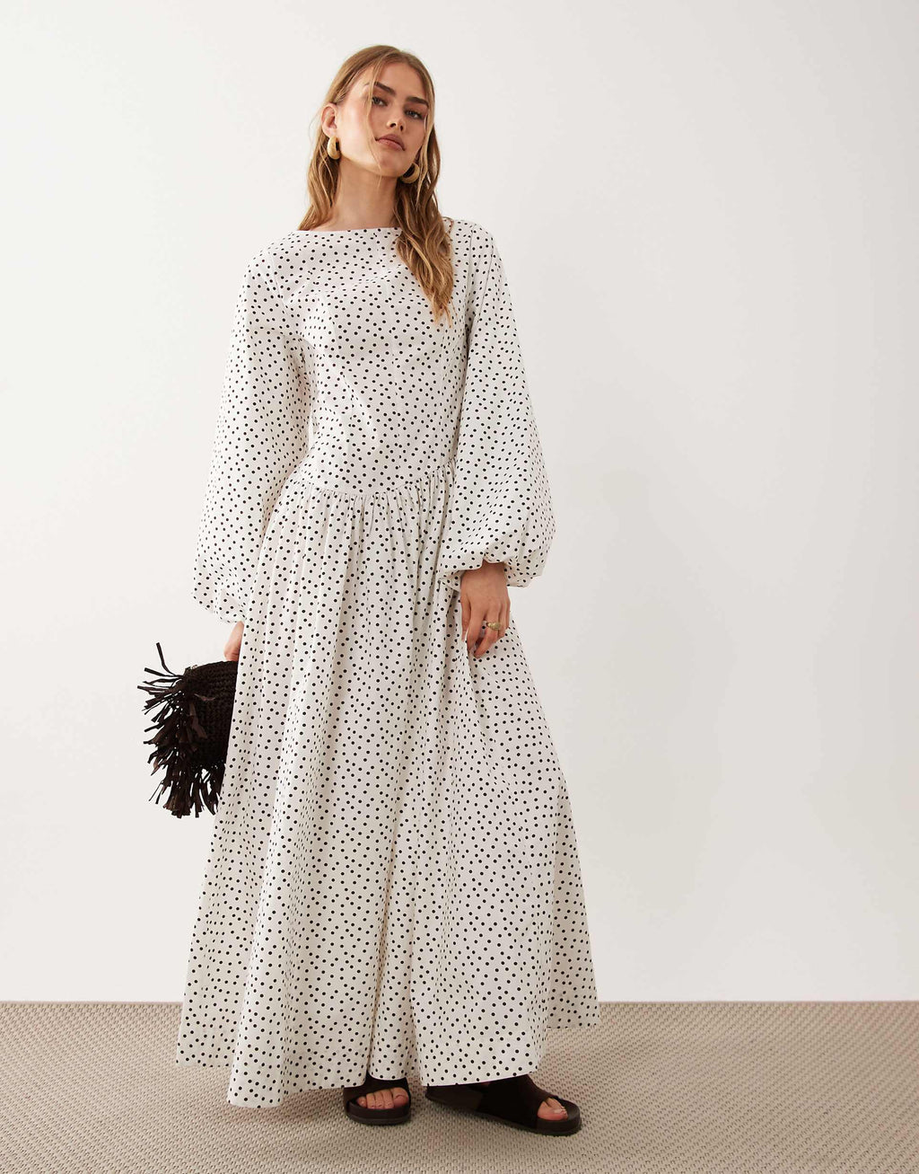 ASOS DESIGN poplin maxi dress with asymmetric waist and volume sleeves in chocolate polka dots