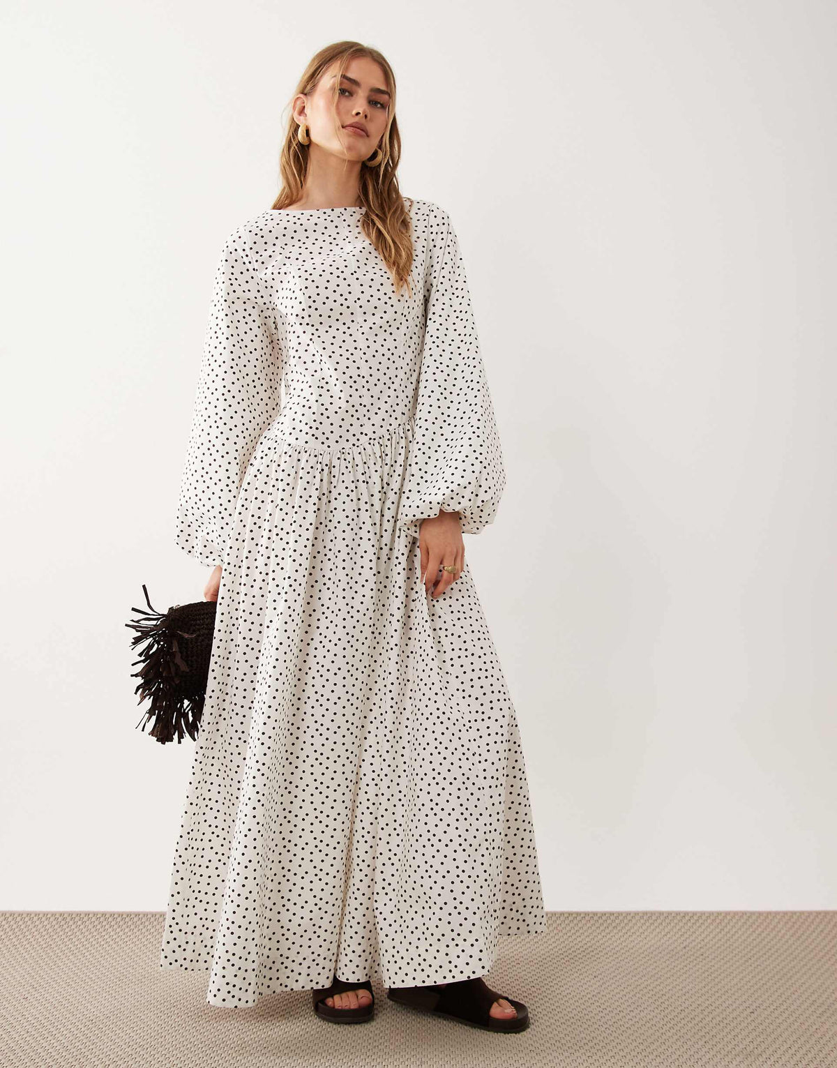ASOS DESIGN poplin maxi dress with asymmetric waist and volume sleeves in chocolate polka dots