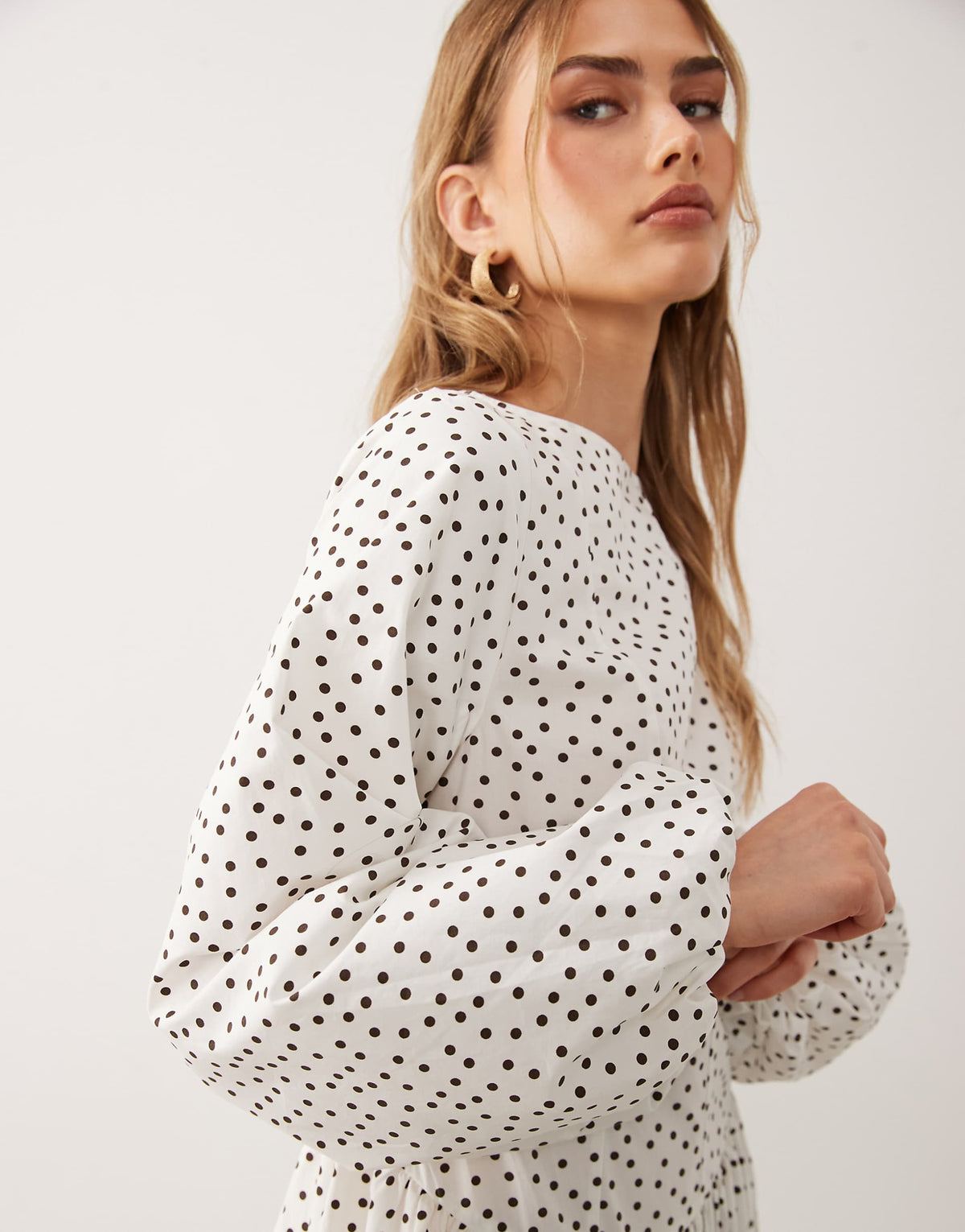 ASOS DESIGN poplin maxi dress with asymmetric waist and volume sleeves in chocolate polka dots