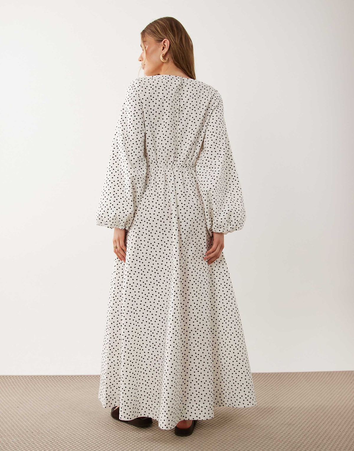 ASOS DESIGN poplin maxi dress with asymmetric waist and volume sleeves in chocolate polka dots
