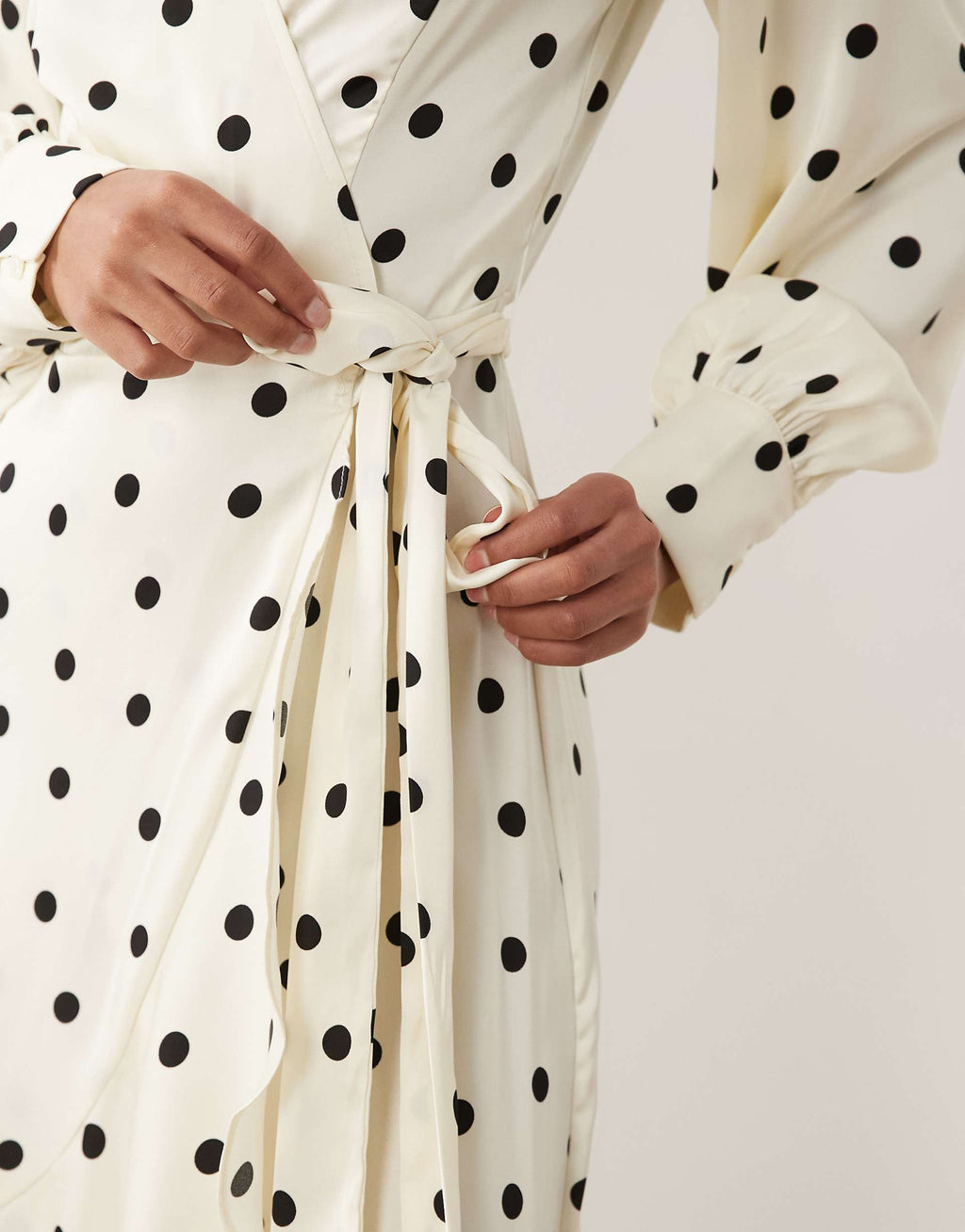 VILA long sleeve satin wrap midi dress in cream polka dot