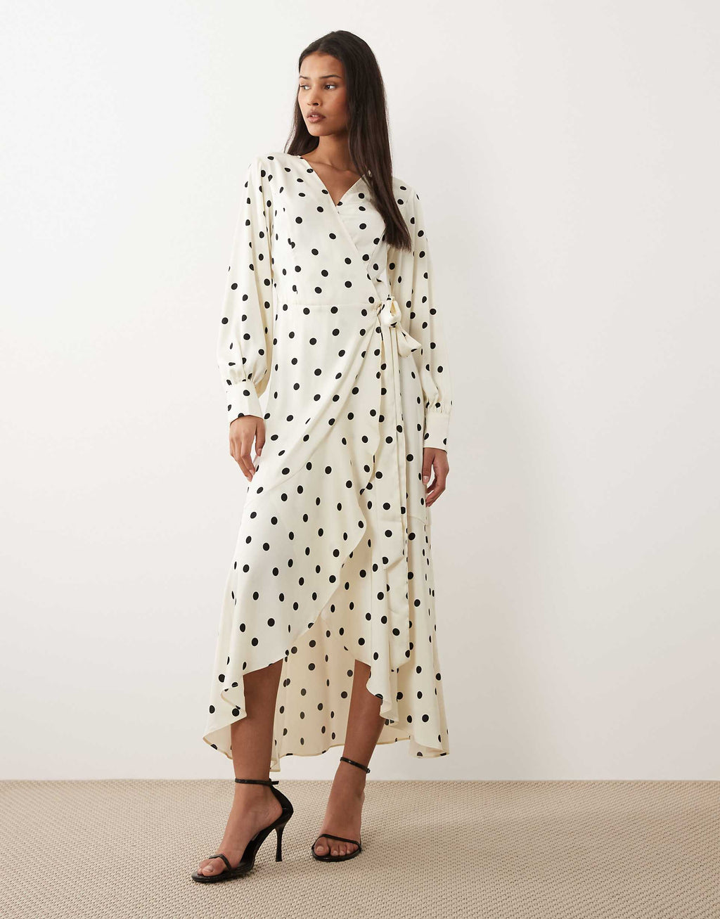 VILA long sleeve satin wrap midi dress in cream polka dot