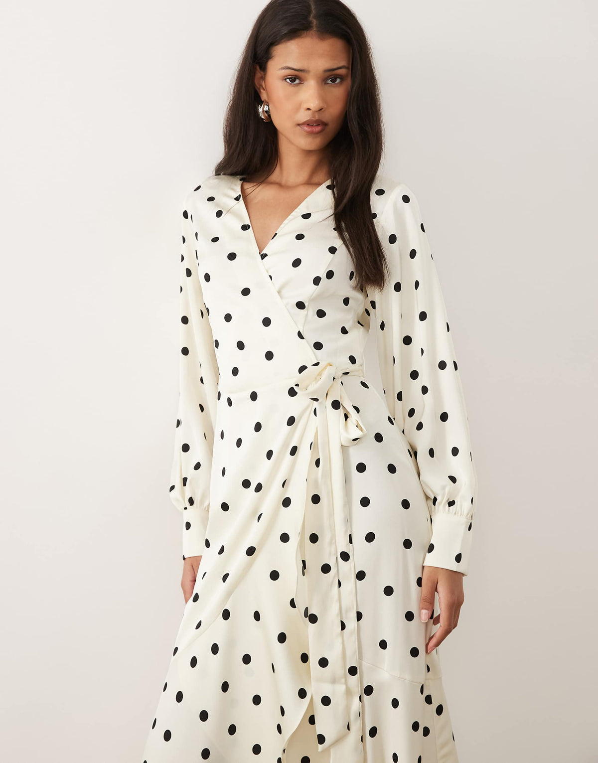 VILA long sleeve satin wrap midi dress in cream polka dot