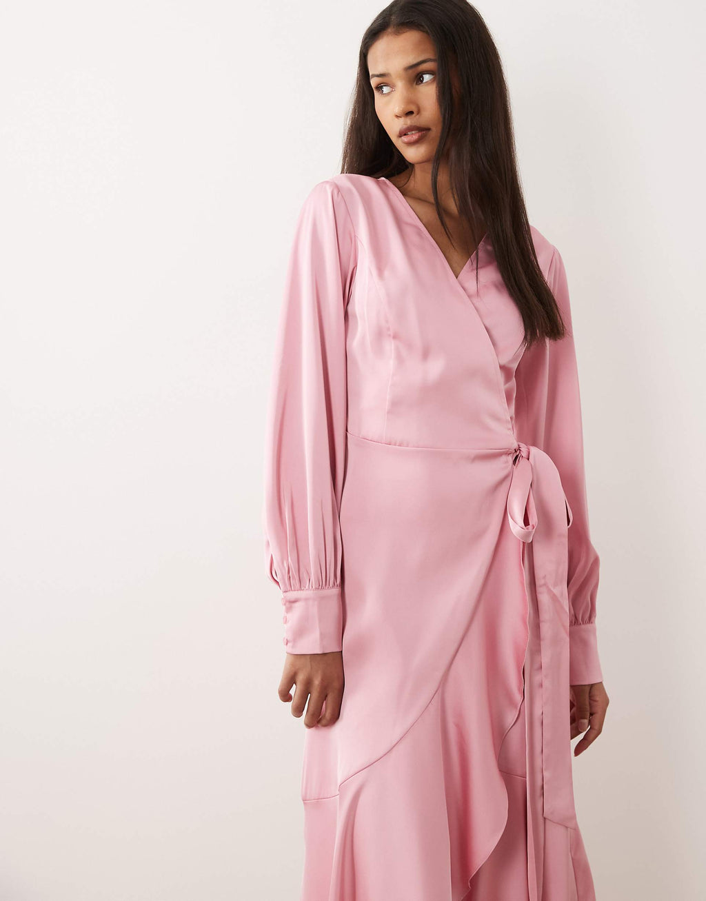 VILA long sleeve satin wrap midi dress in light pink