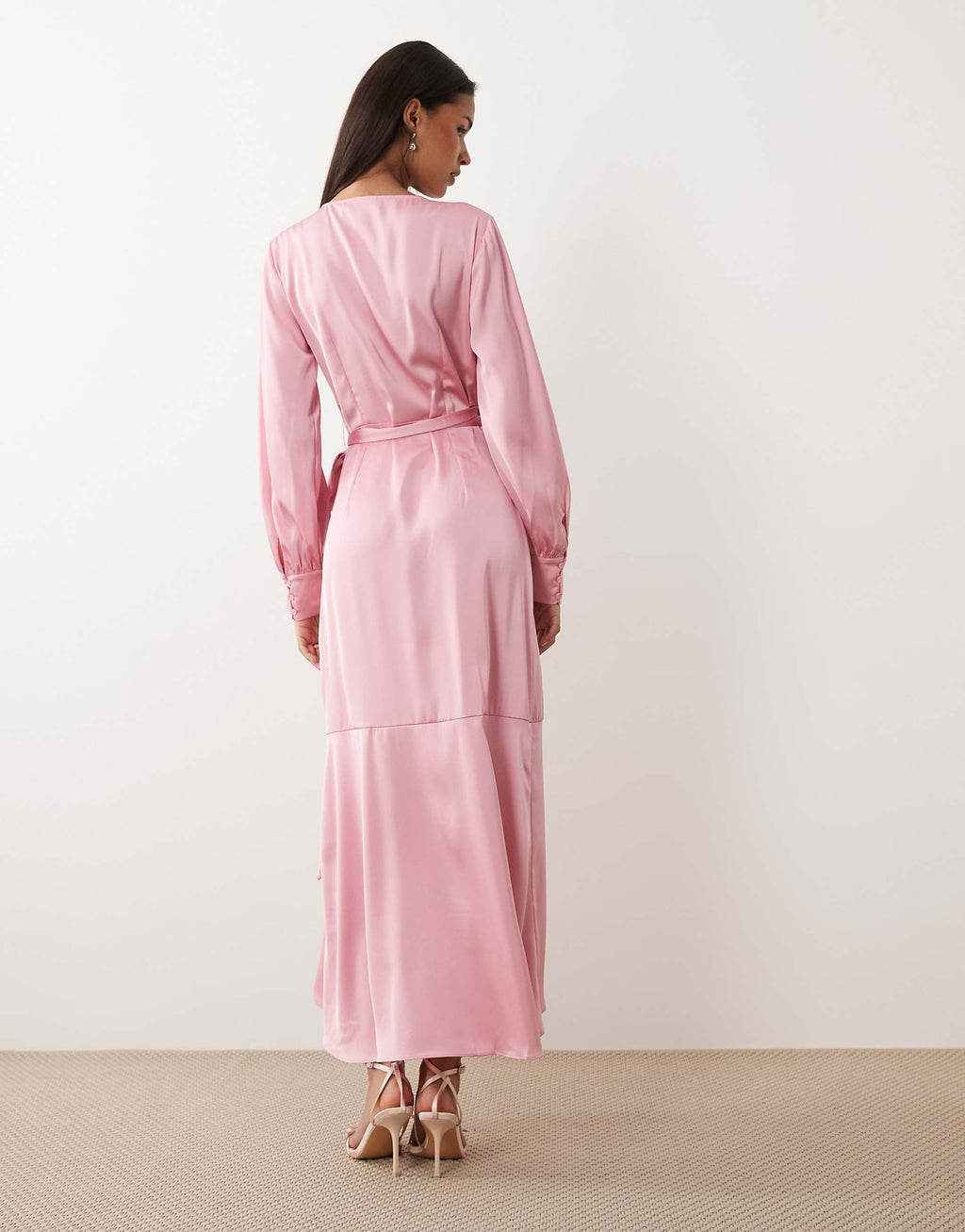 VILA long sleeve satin wrap midi dress in light pink