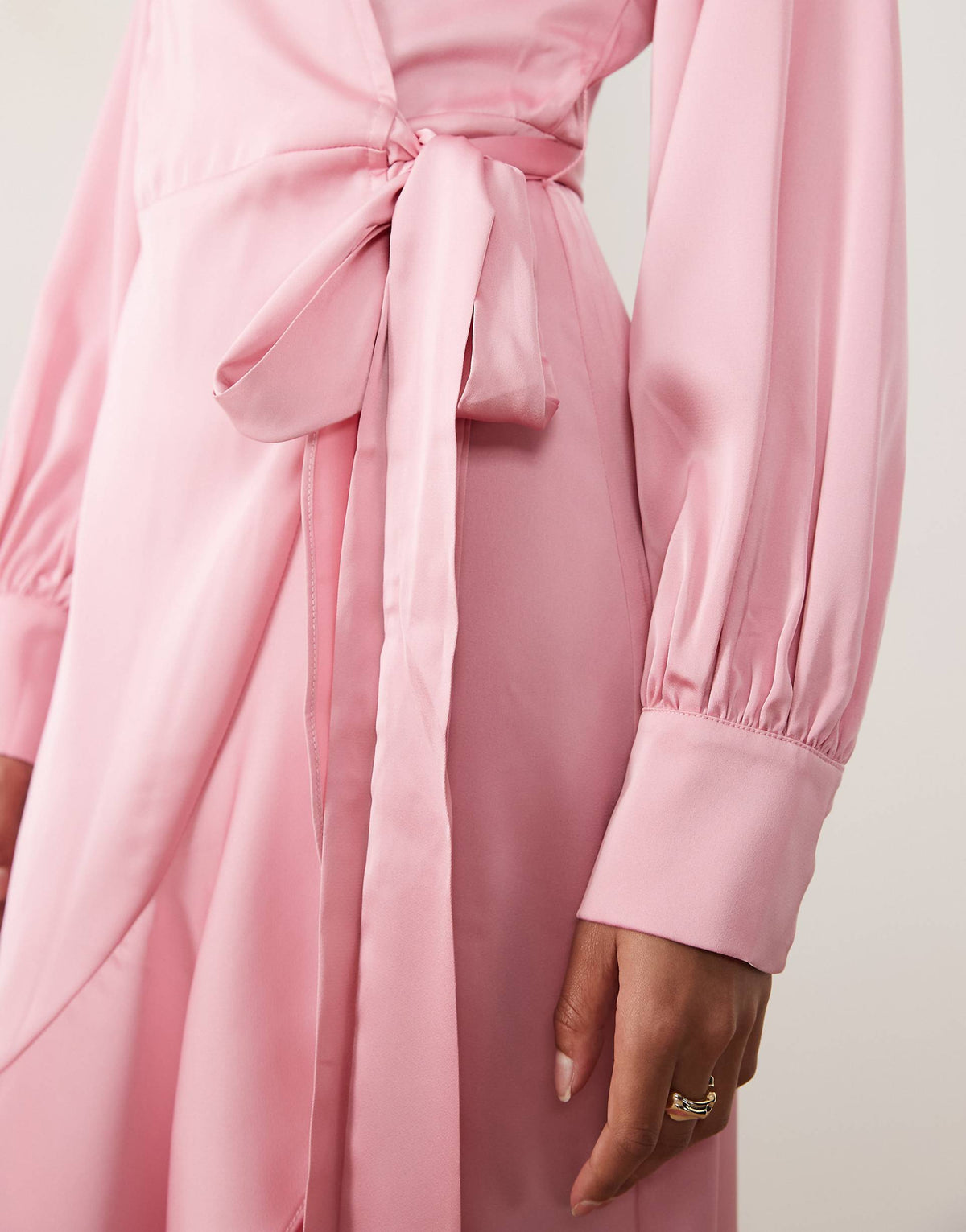 VILA long sleeve satin wrap midi dress in light pink