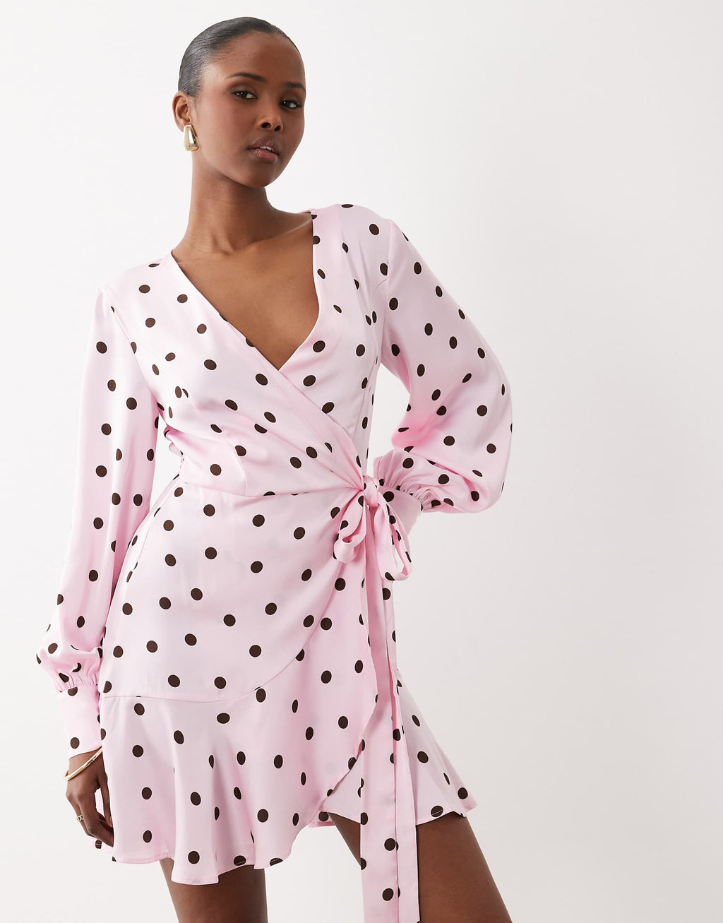 VILA long sleeve satin wrap mini dress in pink polka dot