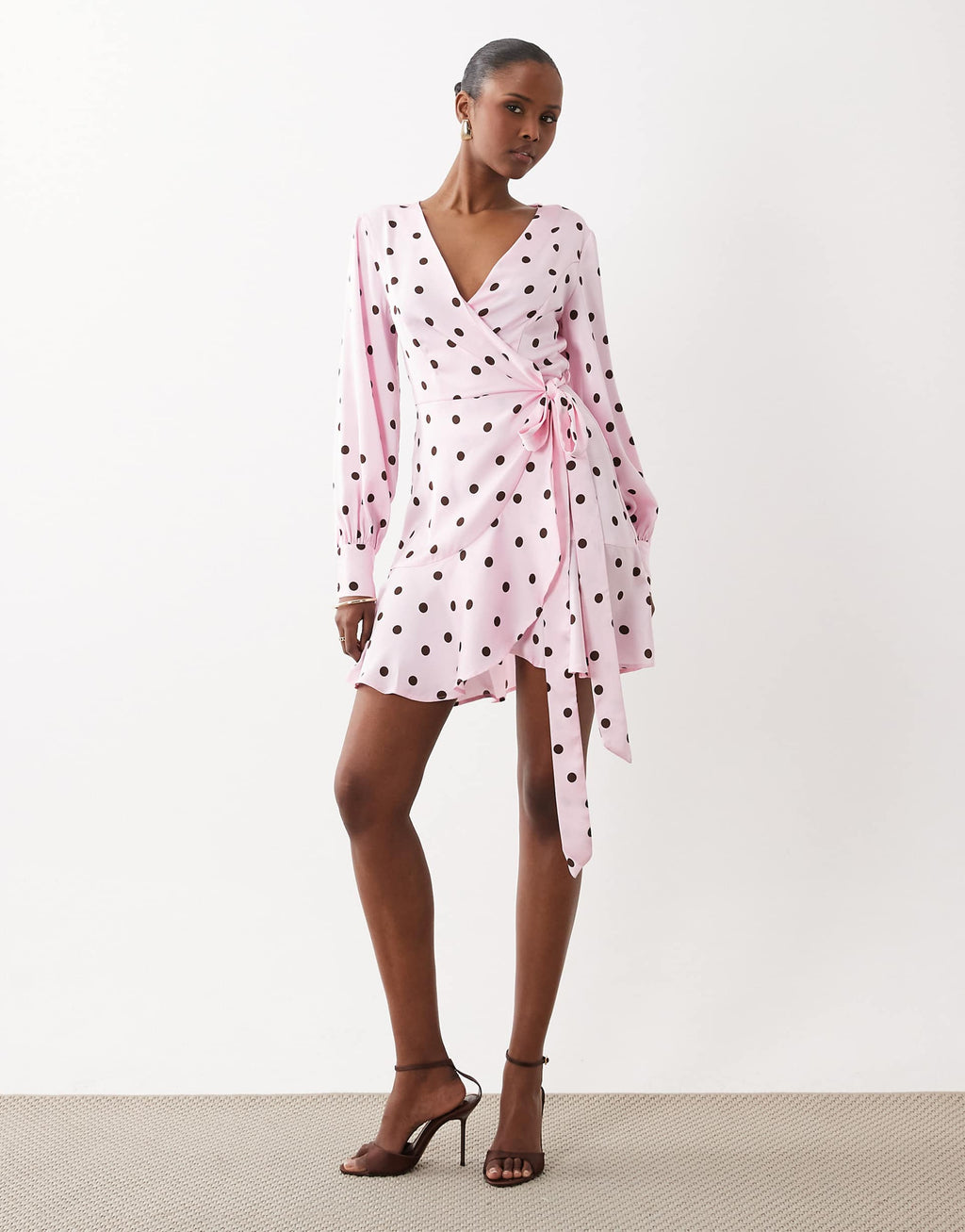 VILA long sleeve satin wrap mini dress in pink polka dot