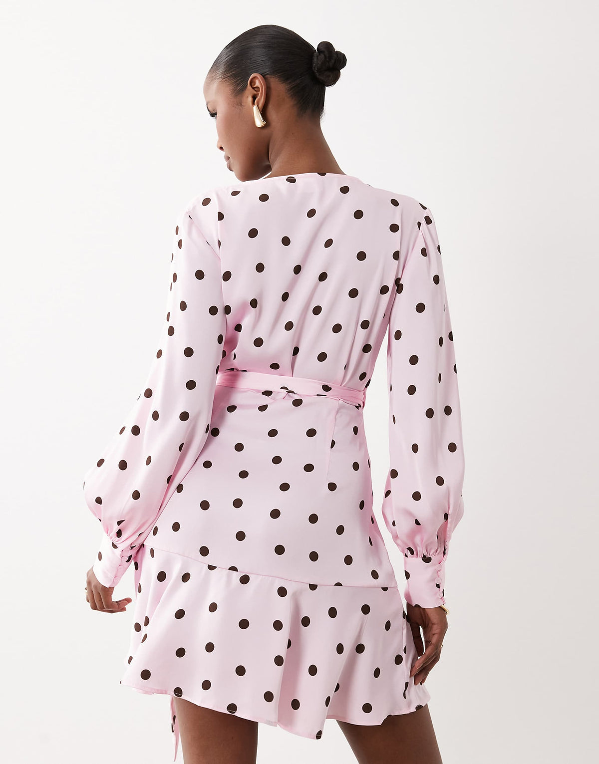 VILA long sleeve satin wrap mini dress in pink polka dot