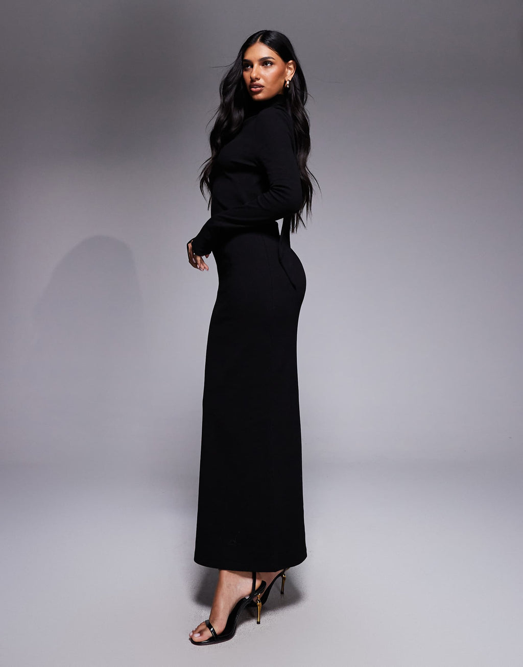 ASOS DESIGN ribbed long sleeve maxi dress with scarf detail in black