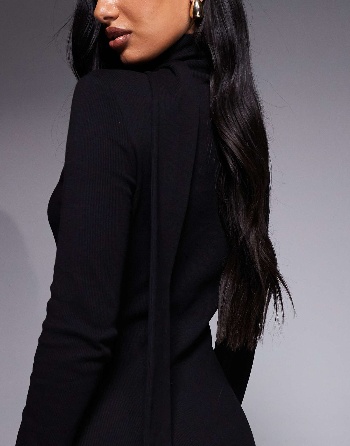 ASOS DESIGN ribbed long sleeve maxi dress with scarf detail in black