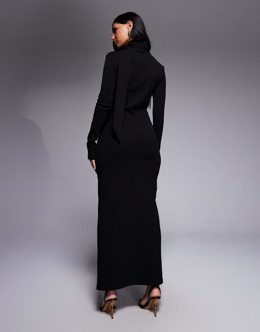 ASOS DESIGN ribbed long sleeve maxi dress with scarf detail in black