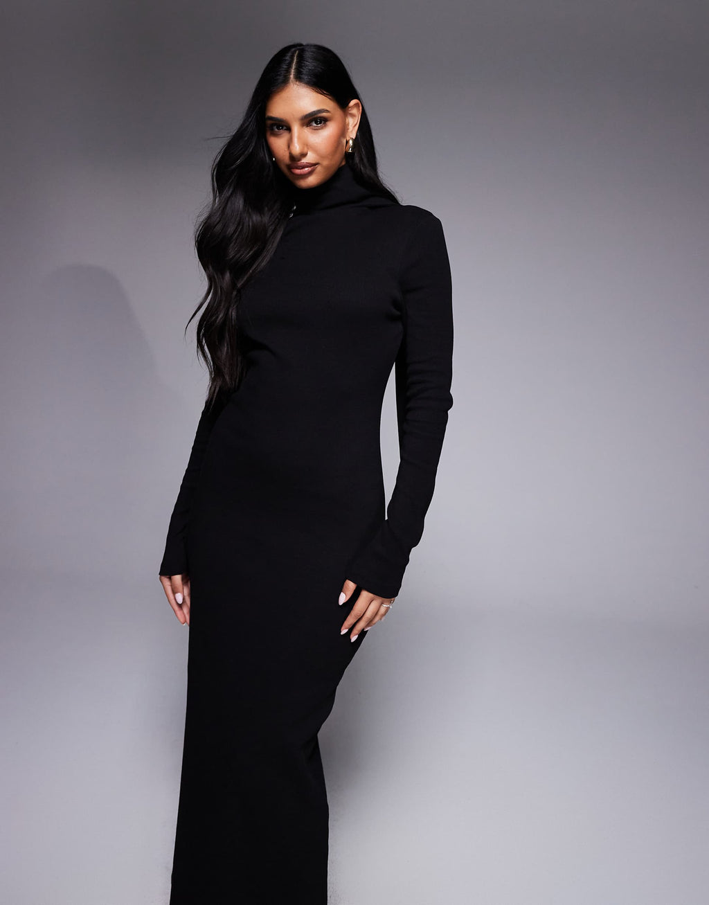 ASOS DESIGN ribbed long sleeve maxi dress with scarf detail in black