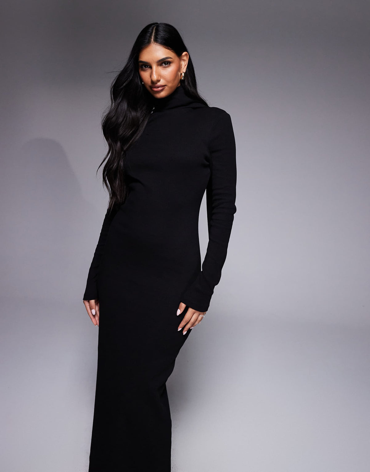 ASOS DESIGN ribbed long sleeve maxi dress with scarf detail in black
