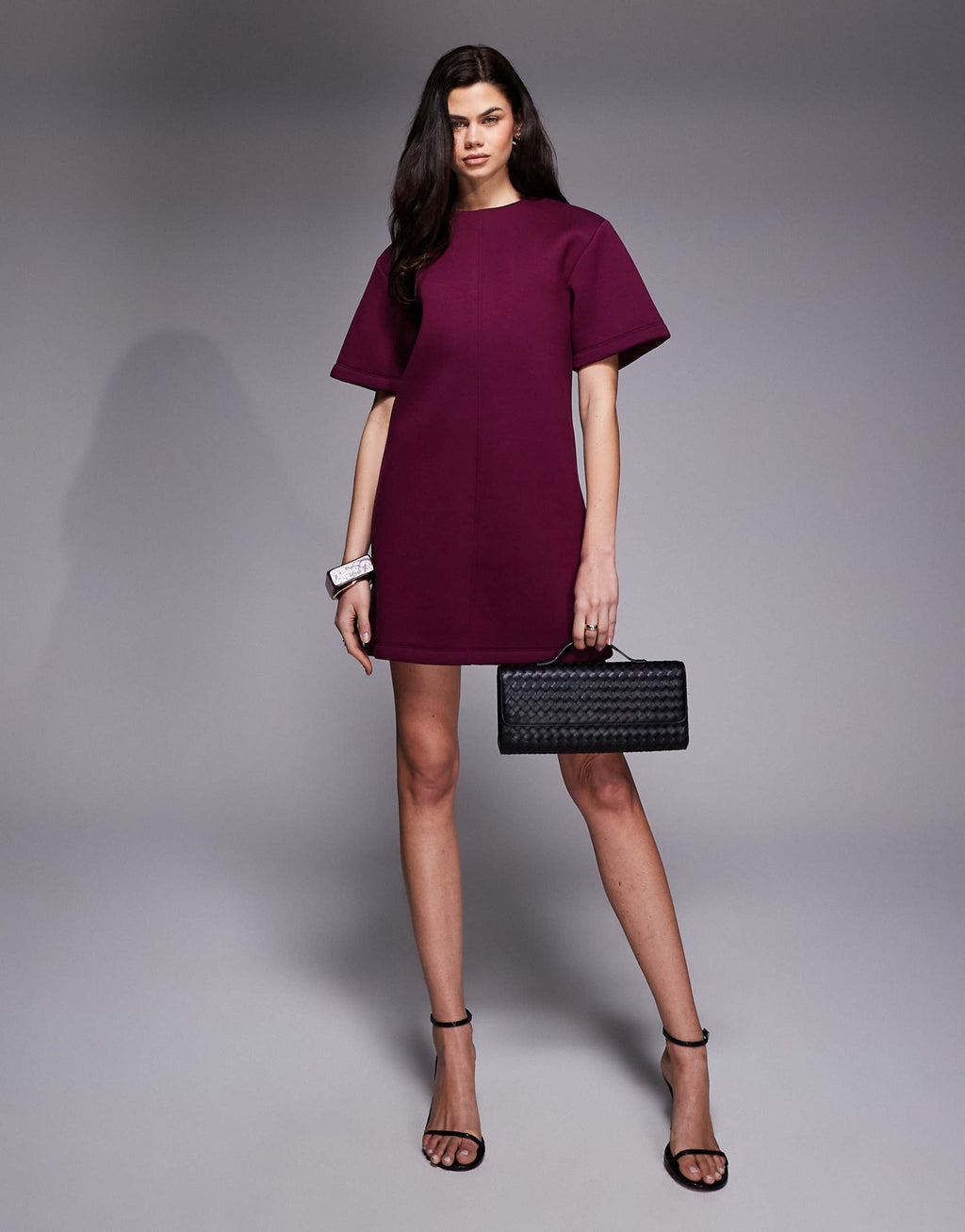 ASOS DESIGN short sleeve oversized mini dress in burgundy structured scuba-style fabric