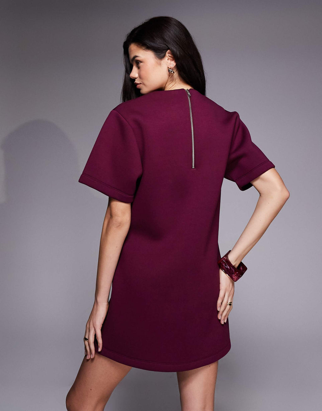 ASOS DESIGN short sleeve oversized mini dress in burgundy structured scuba-style fabric