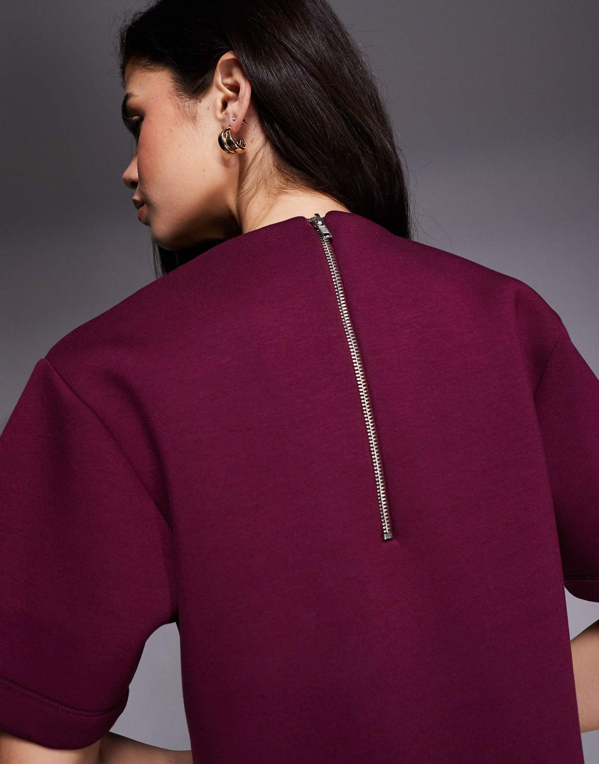 ASOS DESIGN short sleeve oversized mini dress in burgundy structured scuba-style fabric