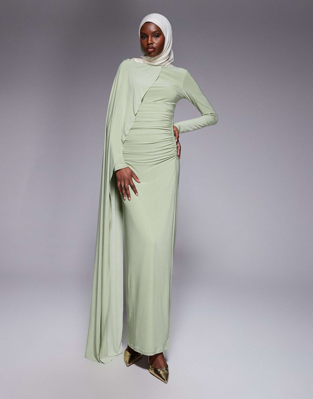 ASOS DESIGN long sleeve with drape detail and ruching maxi dress in sage