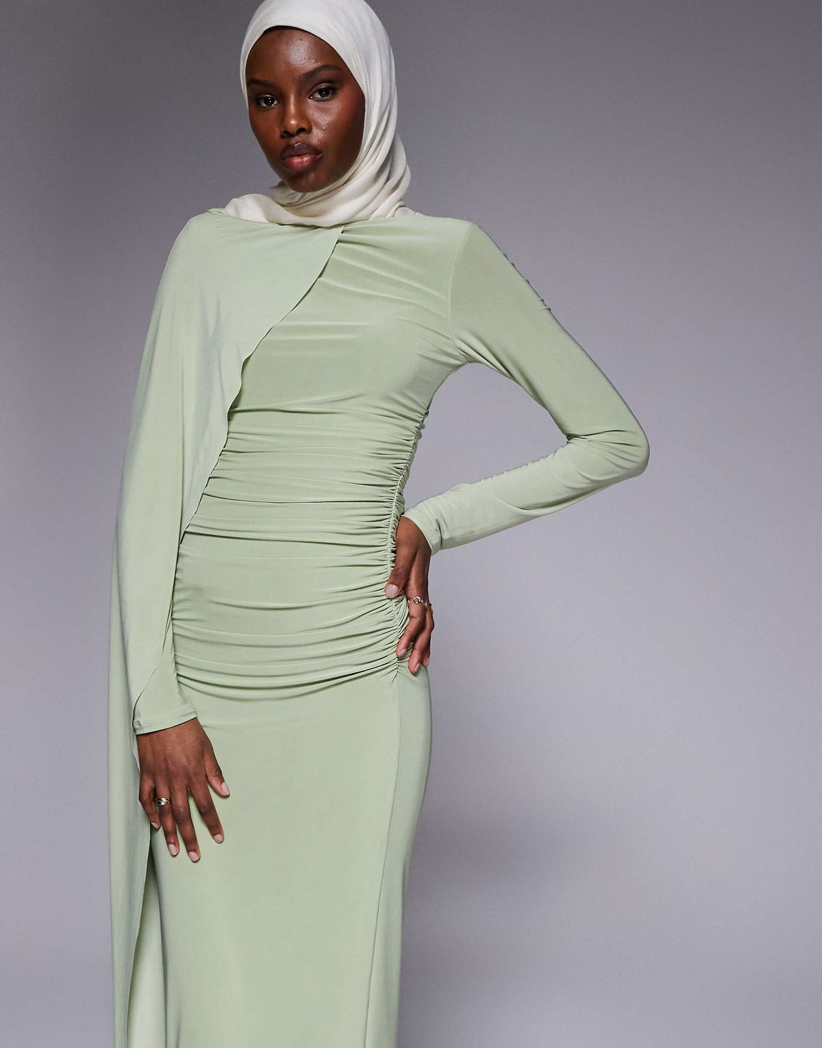 ASOS DESIGN long sleeve with drape detail and ruching maxi dress in sage