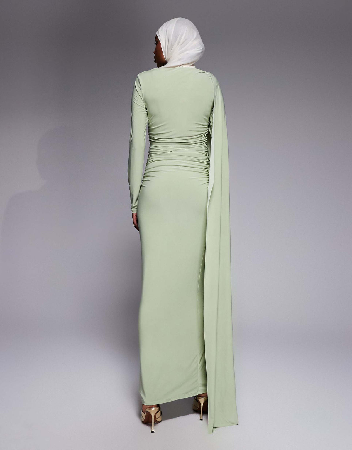 ASOS DESIGN long sleeve with drape detail and ruching maxi dress in sage