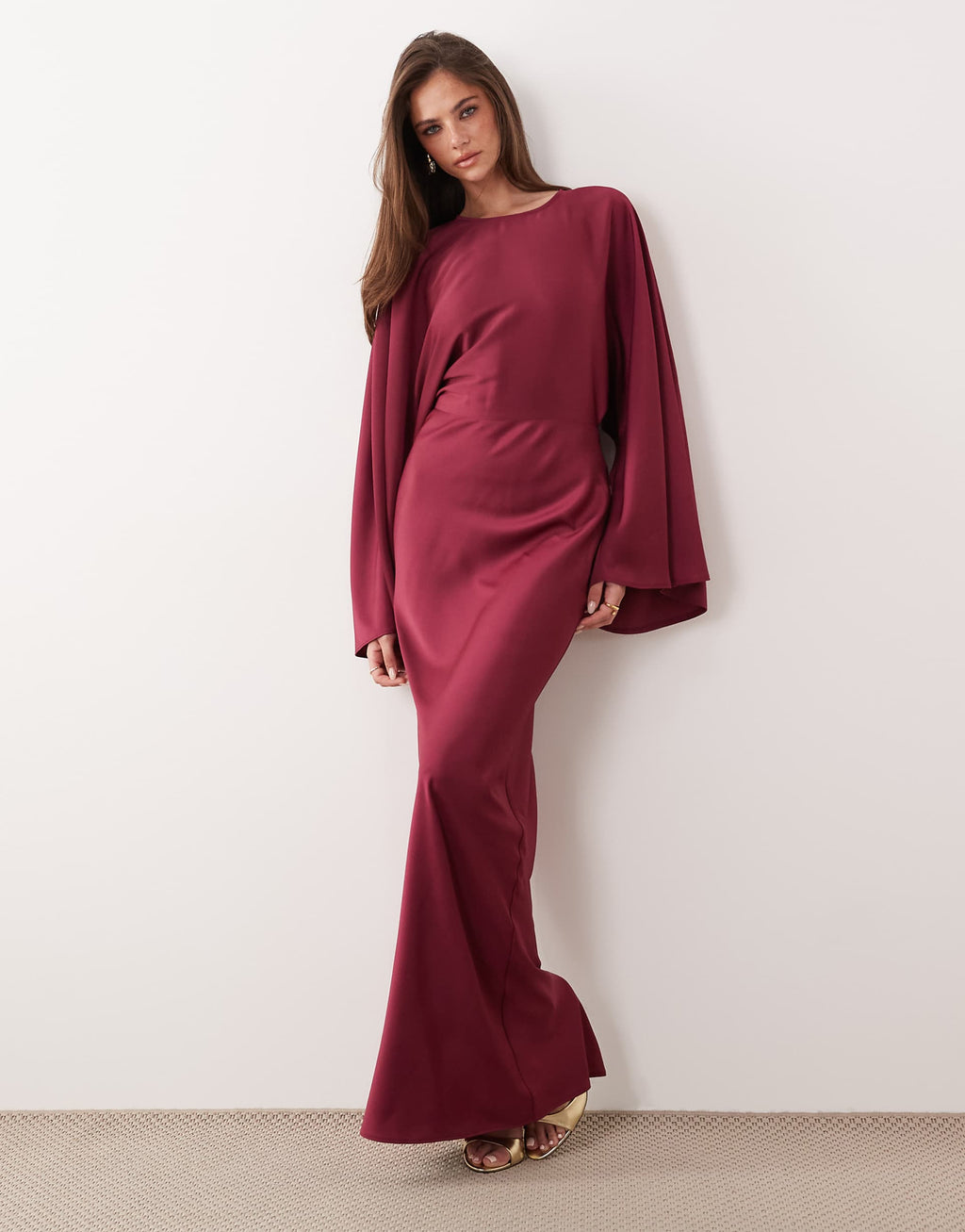 ASOS DESIGN textured satin batwing bias waisted maxi dress in raspberry