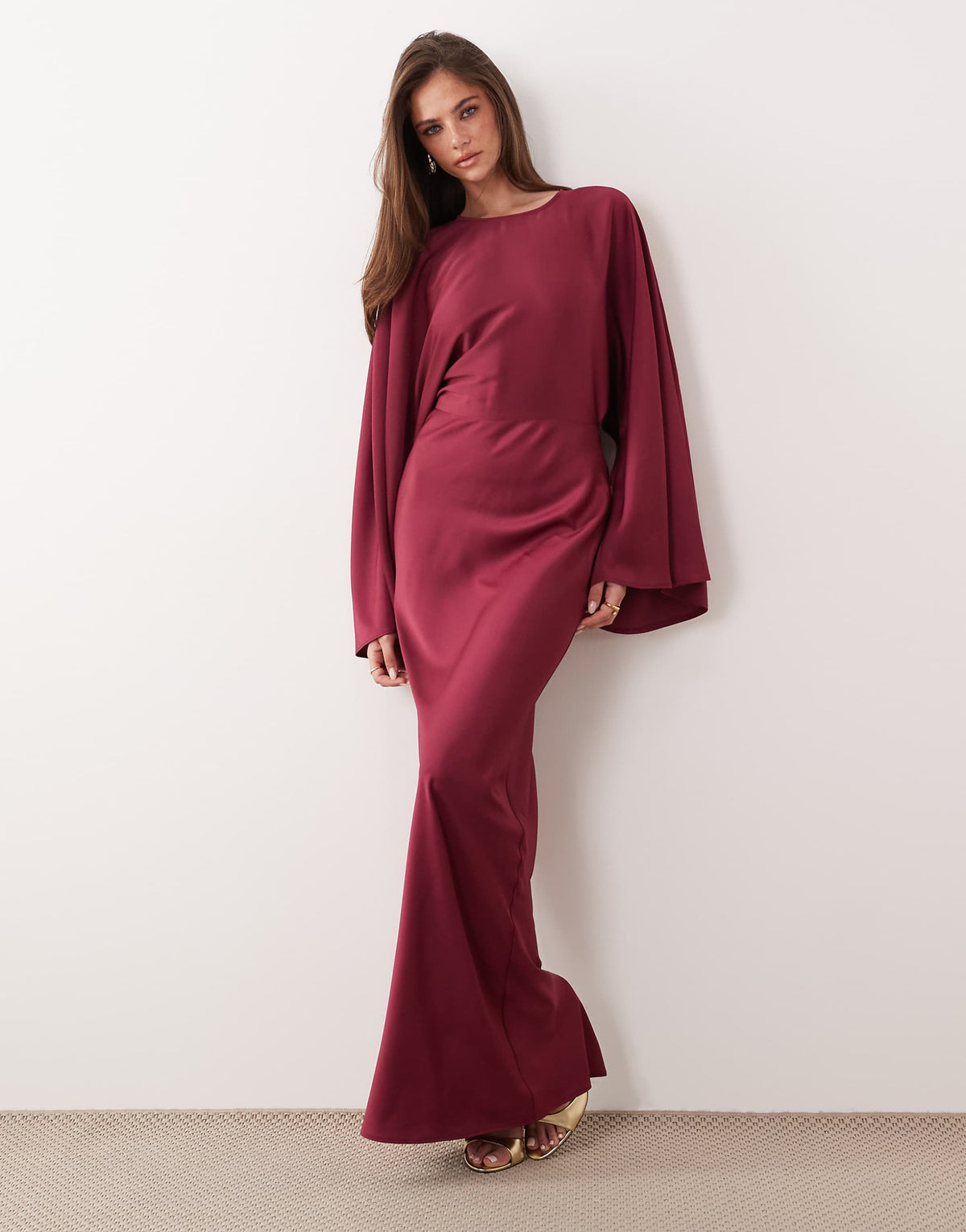 ASOS DESIGN textured satin batwing bias waisted maxi dress in raspberry