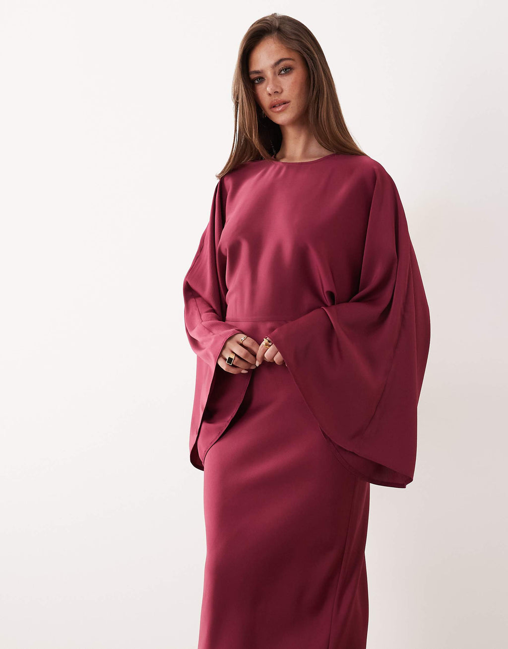 ASOS DESIGN textured satin batwing bias waisted maxi dress in raspberry